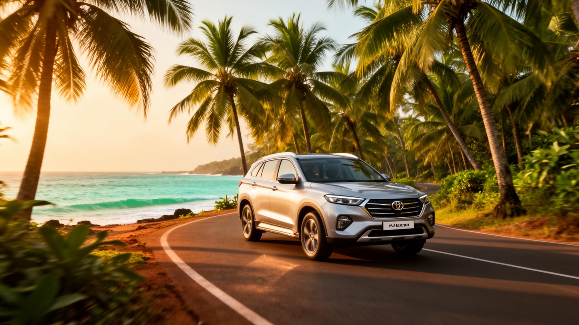 Premium car driving along a scenic tropical coastal road